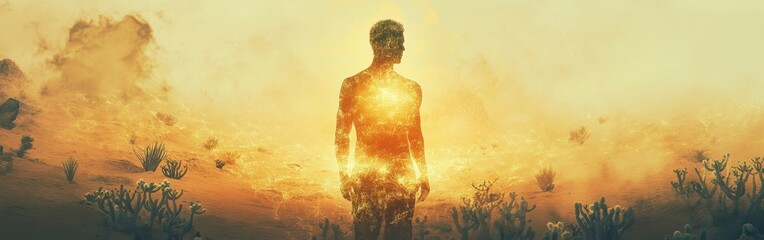 Poster - Man radiating light in a desert landscape at sunset, embodying energy and transformation