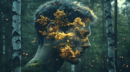 Poster - Man glows with a forest within in a tranquil natural setting during twilight