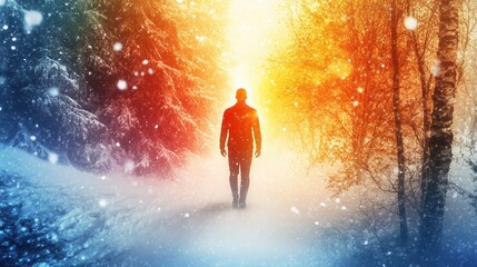 Poster - Man stands in a mystical forest filled with glowing light and colorful contrasts during a snowy evening