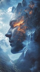 Poster - Mans face glowing with natural elements in a mystical mountainous landscape under a dramatic sky
