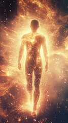 Poster - Man glowing with cosmic energy showcases connection to the universe in a mystical setting at twilight
