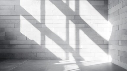 Leinwandbilder - Bright sunlight casts intricate shadow patterns on a clean white brick wall in a minimalist interior space