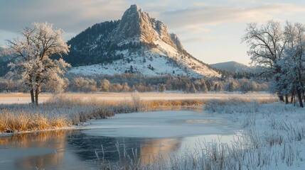Wall Mural - frozen river, winter mountain sunrise, frosty trees, calm landscape, nature scene