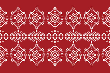 Wall Mural - Ethnic pattern traditional motif ikat geometric fabric pattern cross stitch. Embroidery Ethnic oriental Pixel red background. Abstract,vector,illustration. Texture,christmas,decoration,wallpaper.