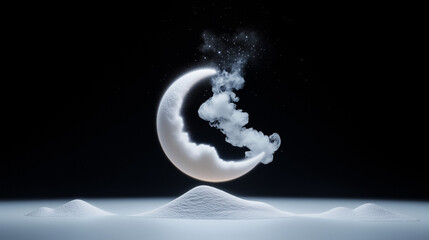  Crescent moon made of white sand, exhaling smoke against a dark background. Minimal concept surreal abstract banner, generative AI.