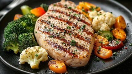 Wall Mural - Grilled pork chop with roasted vegetables, healthy dinner, close-up