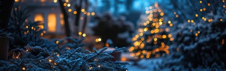 Poster - Bokeh lights illuminate a winter garden filled with deep navy hues and metallic silver sparkles during the festive season