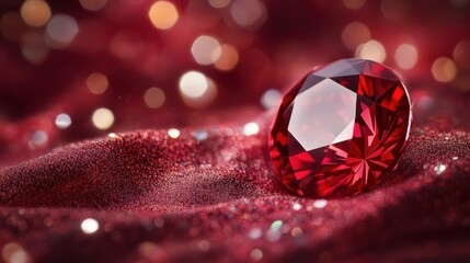 Poster - Bold ruby red gem glistens atop soft silver fabric with sparkling highlights in a glimmering display