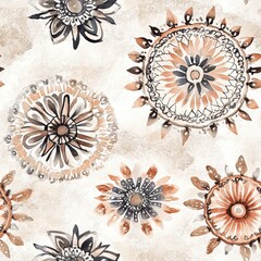 Fototapete - Whimsical doodle cartoon drawings in watercolor style showcasing floral patterns and soft colors