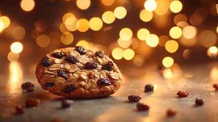 Wall Mural - Oatmeal raisin cookie, festive lights, holiday baking