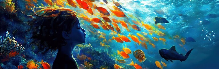 Aufkleber - Child glows underwater surrounded by vibrant tropical fish in a serene ocean scene
