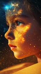 Leinwandbilder - Child's face illuminated with cosmic patterns, reflecting wonder and imagination in a surreal setting