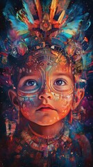 Leinwandbilder - Vibrant child's face glowing with colorful decorations and intricate patterns in a mystical setting