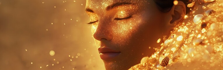 Aufkleber - Surreal representation of a glowing woman surrounded by shimmering gold particles in an ethereal setting