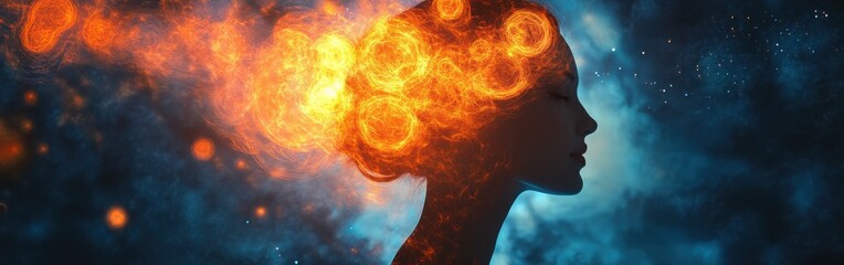 Aufkleber - Surreal representation of a glowing woman illuminated by vibrant colors and abstract patterns