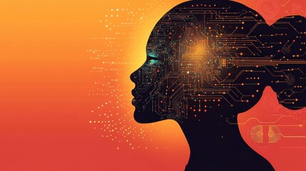 Poster - Surreal silhouette of a woman with intricate digital patterns against a vibrant sunset backdrop