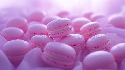 Wall Mural - Pink macarons on fabric, close-up, sweet treat, food photography, dessert