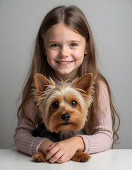 Portrait of a cheerful young girl posing next to her adorable dog, a Yorkshire terrier, highlighting a heartwarming bond between children and their beloved pets.