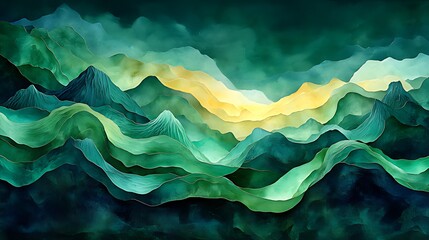 Wall Mural - Green Mountains, Sunrise, Landscape, Abstract Art, Wall Decor