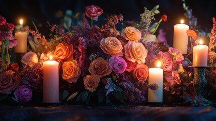 Aufkleber - Harmonious blend of peaceful floral arrangements with flickering candles at dusk