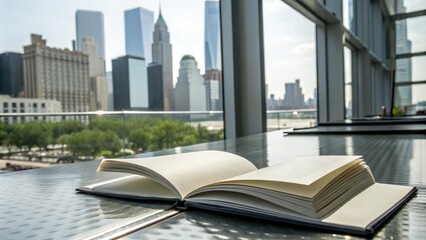 Two open soft cover books on a sleek metal desk with a cityscape background, leatherbound, contemporary furniture