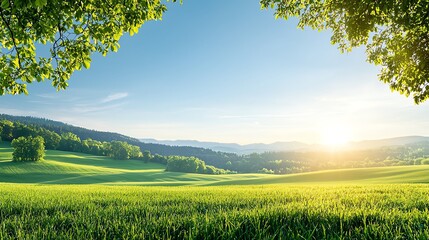 a serene landscape of rolling green fields under a bright blue sky at sunrise, surrounded by trees. 