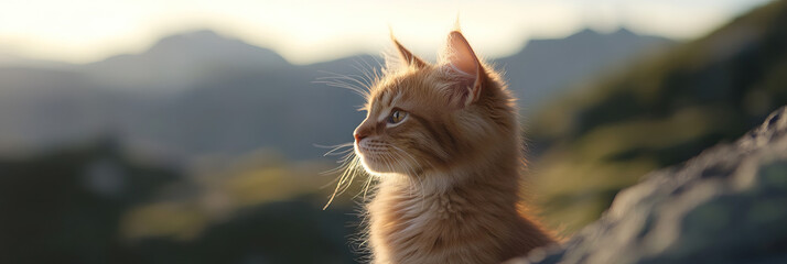 Wall Mural - Ginger Kitten on Rock with Mountain Background