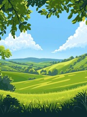 Wall Mural - Green hills under a blue sky, framed by leaves, for background use