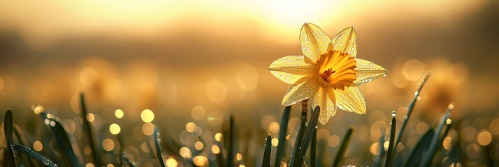 Canvas Print - Golden Hour Glow Single Dew-Kissed Daffodil in a Field, Bokeh Background, Springtime Bloom