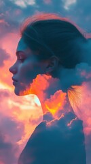 Aufkleber - Surreal glowing representation of a woman surrounded by vibrant clouds at sunset