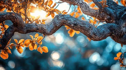 Canvas Print - Sunlit autumn bonsai branch, garden bokeh background, nature serenity