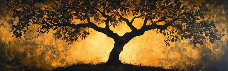 Poster - Serene silhouette of a glowing tree against a warm golden background at sunset