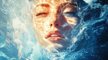Poster - Portrait of a woman with a glowing face submerged in water illuminated by soft light