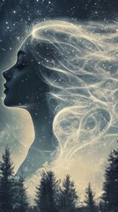 Poster - Mystical representation of a woman's profile amidst a starry night and serene forest