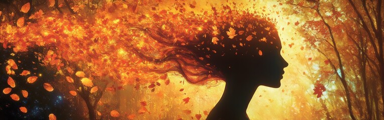 Poster - Mystical silhouette of a woman surrounded by swirling autumn leaves in a vibrant forest setting during sunset