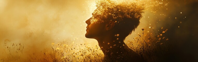 Poster - Mystical profile of a man filled with flowers and light in a golden landscape during sunset