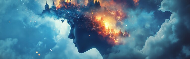Poster - Mans profile filled with a mystical landscape of castles and flames under a cloudy sky at twilight