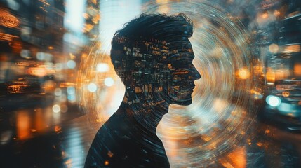 Poster - Mystical profile of a man surrounded by a swirling cityscape at night filled with vibrant lights