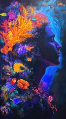 Aufkleber - Mystical profile of a man infused with vibrant coral and colorful marine life under deep ocean waters