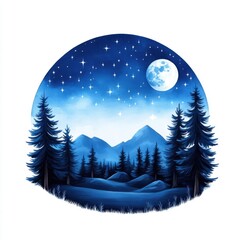 Wall Mural - Serene Night Landscape with Mountains, Pine Trees, and Starry Sky Under a Bright Full Moon