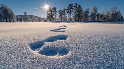 Canvas Print - Winter footprints leading to snowy forest at sunrise, ideal for nature, travel, or seasonal greeting cards