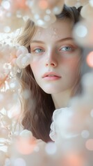 Poster - Dreamy portrait of a young woman framed by soft cream and pale coral hues