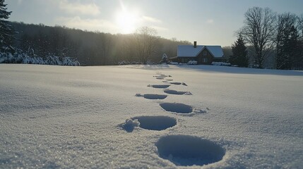 Canvas Print - Winter sunrise, footprints in snow leading to house