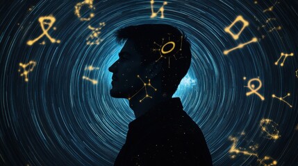 Poster - Glowing man surrounded by astrological symbols creates a mystical atmosphere