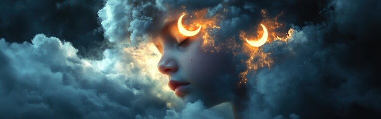 Aufkleber - Visualization of a child's face surrounded by enchanting celestial clouds and glowing crescent moons