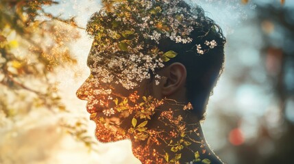 Aufkleber - Conceptual portrayal of a man radiating light amidst a backdrop of nature and vibrant blooms during golden hour