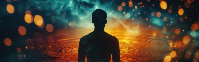 Poster - Conceptual portrayal of a man glowing as he stands amid a vibrant landscape at dusk, reflecting on his surroundings
