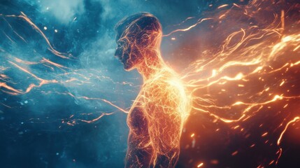 Poster - Man radiating energy surrounded by vibrant colors in a conceptual exploration of inner strength and vitality