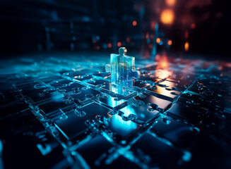 Leinwandbilder - A luminous puzzle piece stands prominently on a dark, digital-style puzzle board, bathed in blue and orange light, creating a sense of connection and solution in a modern, technological context.