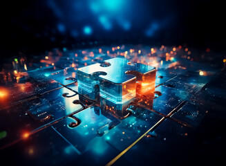 Fototapete - Illuminated jigsaw piece glows on a digital surface, representing connection and technological solutions.  Bright lights evoke a futuristic, innovative concept.